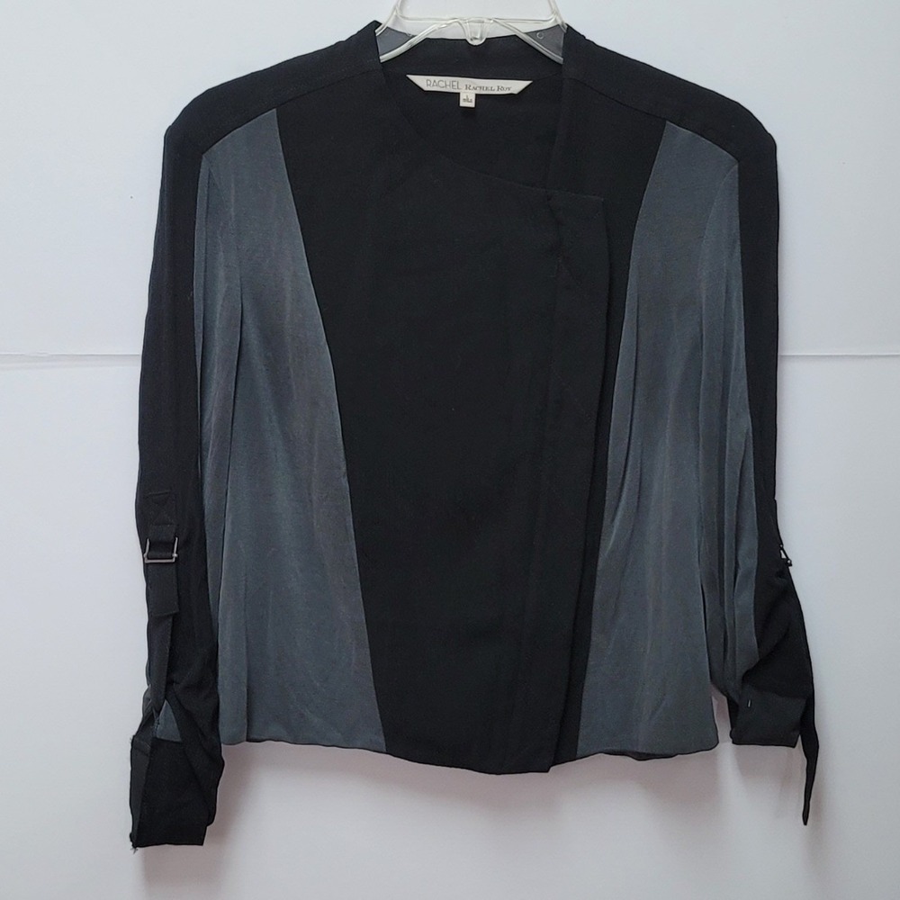 Rachel Rachel Roy Black Grey Colorblock Blouse Ruched Sleeve S Office Chic Y2K‎